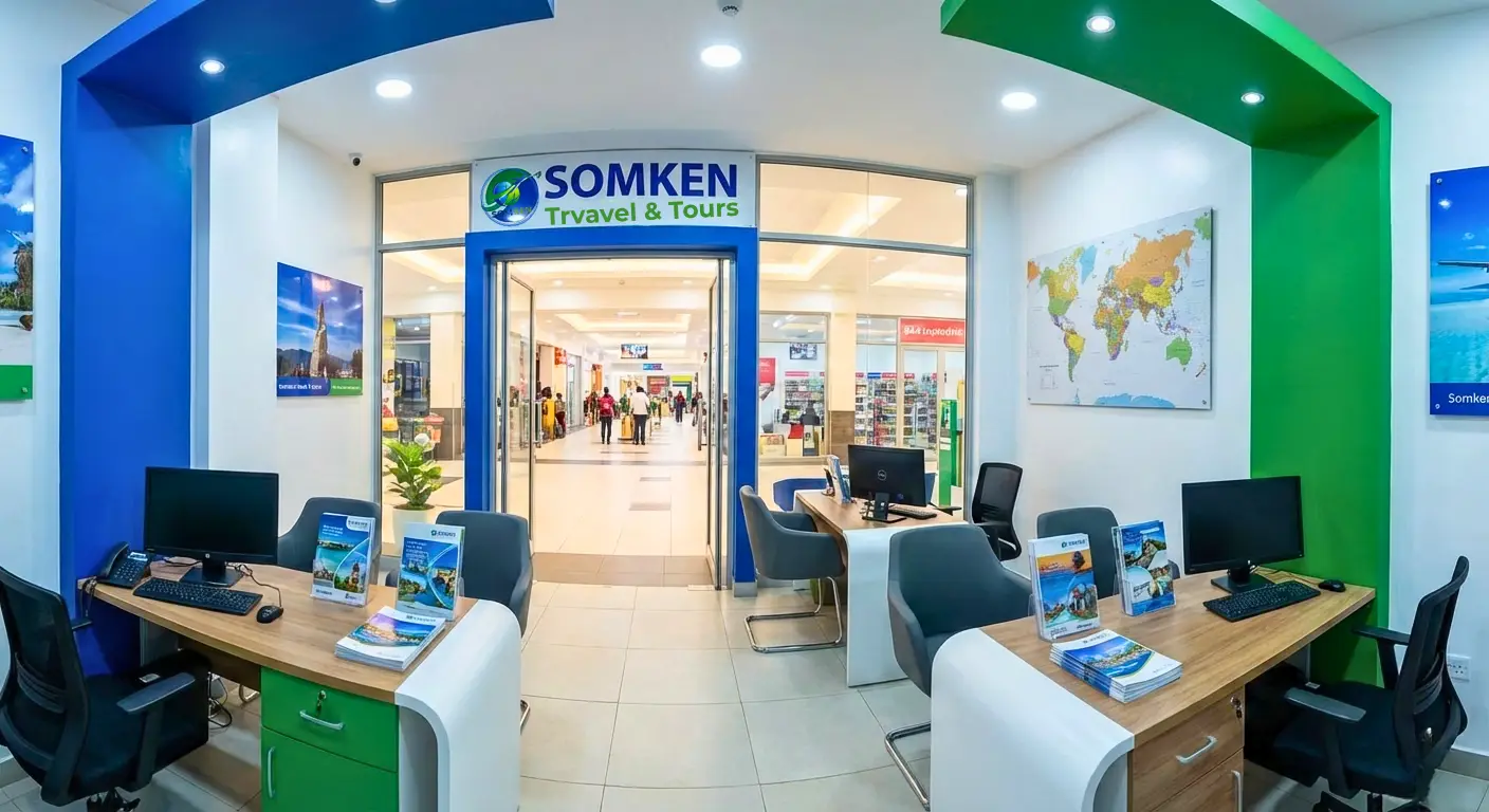 Modern interior of Somken Travel & Tours office at BBS Mall Eastleigh, featuring a professional two-desk consultation setup and north-facing entrance.